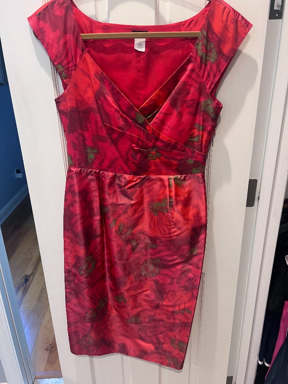 Red silk watercolor JCrew cocktail dress